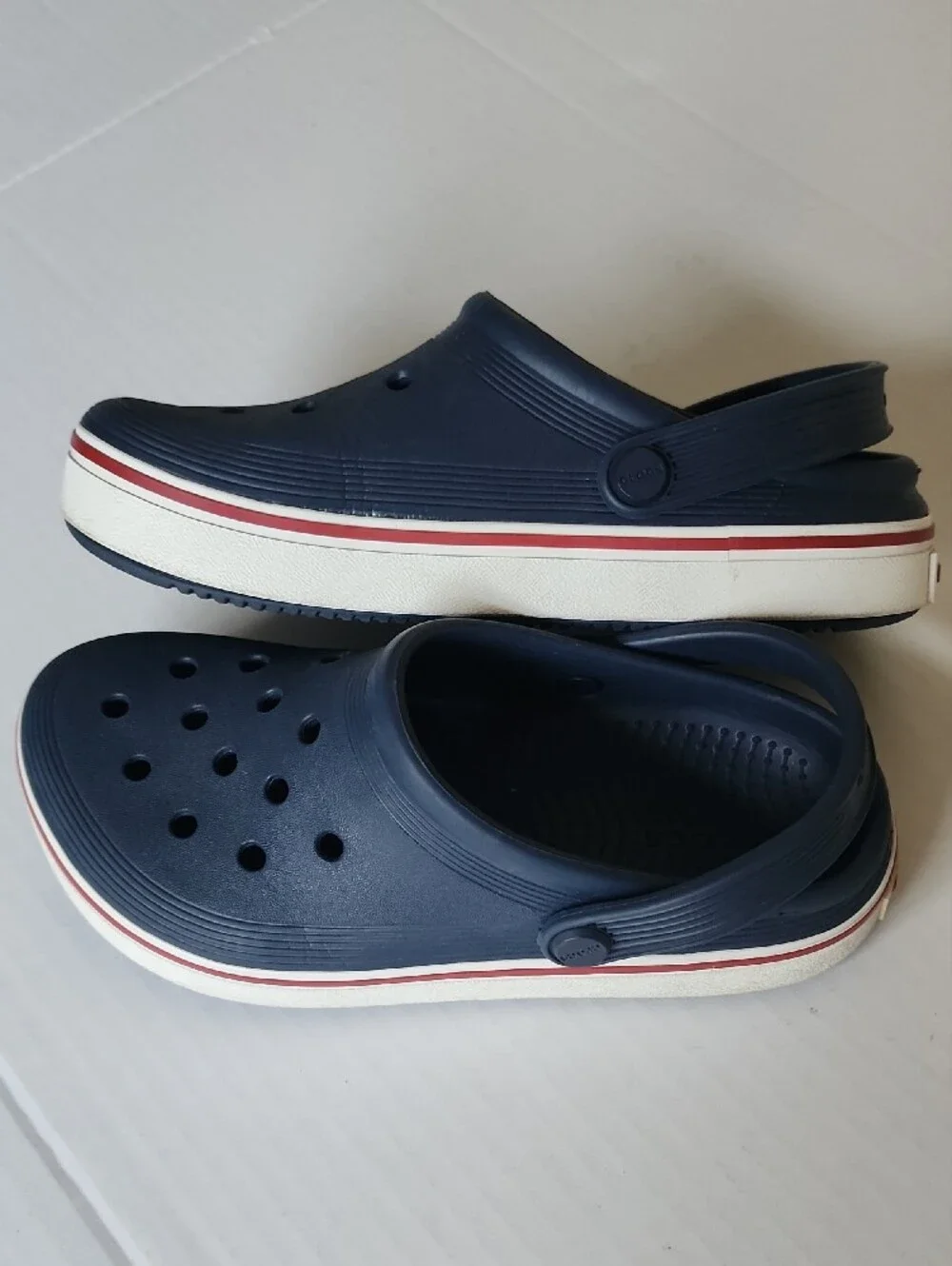 CROCS Kids Navy Clogs with Red and White Trim